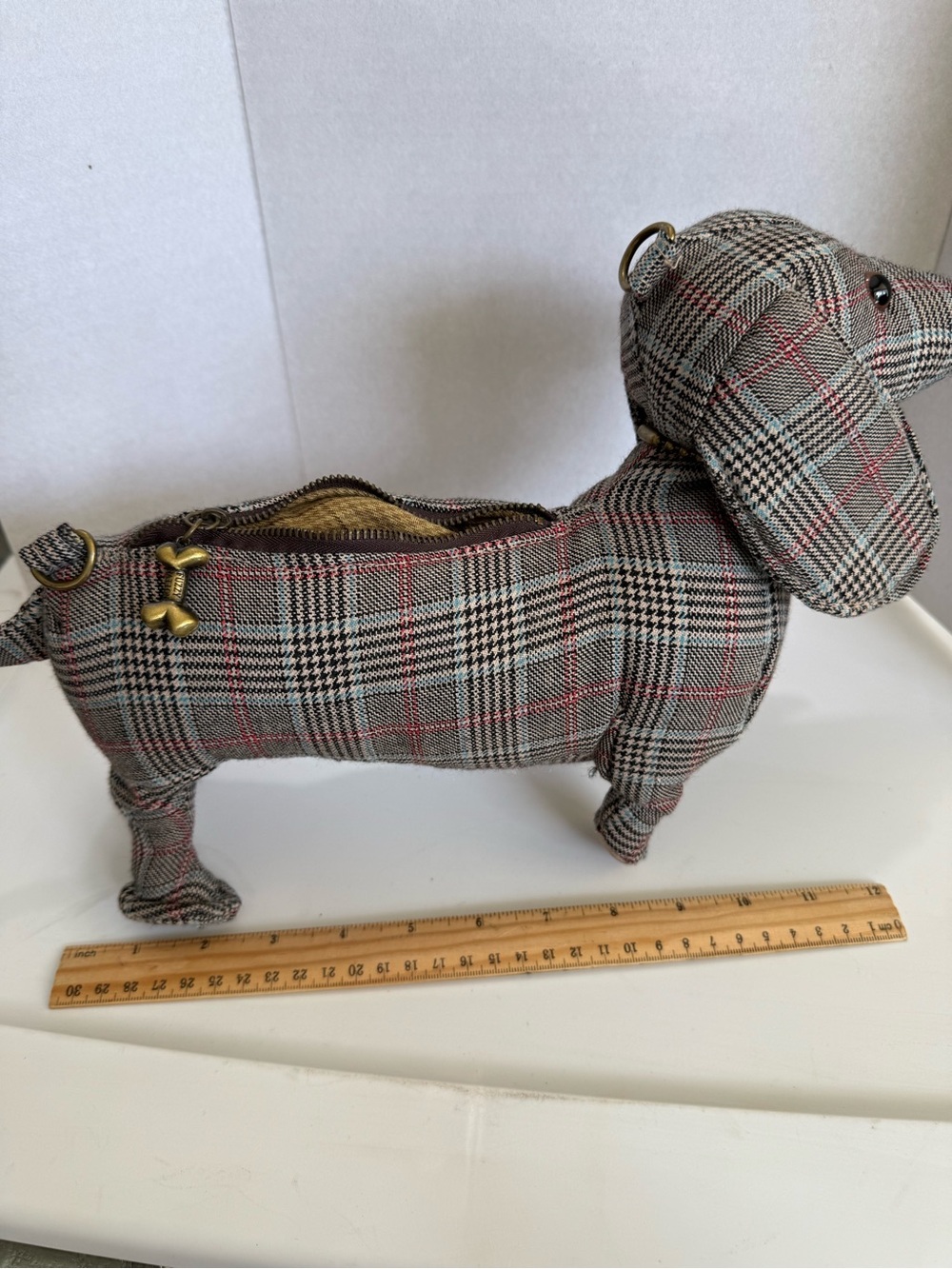 Plaid Dachshund Puppy Mini Bag - Fuzzy Nation Gray/Tan Plaid - Picture 9 of 10